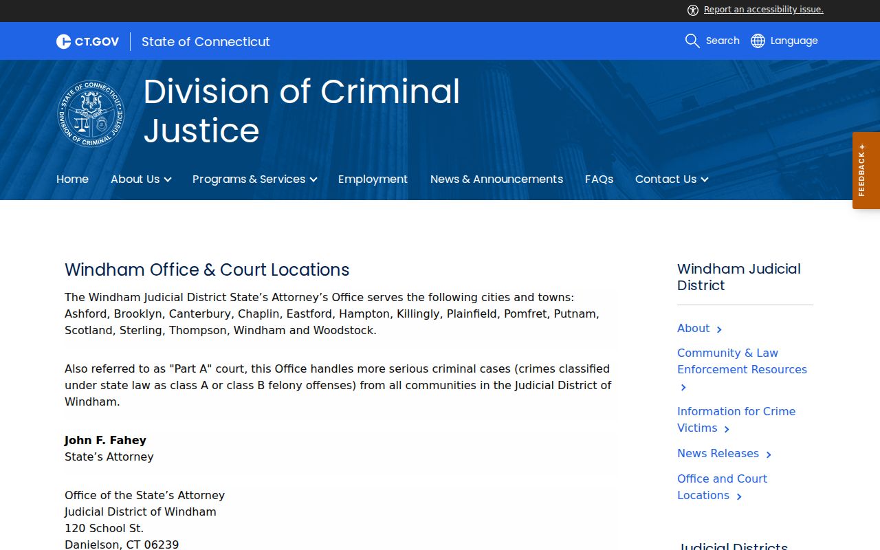 Windham County Superior Court Clerk Danielson court locations and contacts