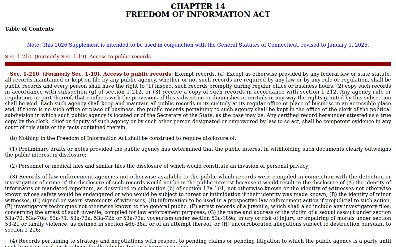 Windham County Superior Court Clerk Connecticut FOIA access statute