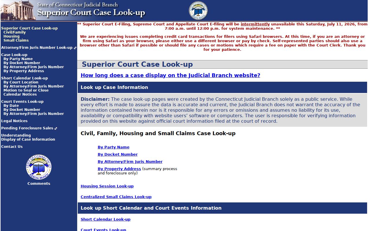 Windham County court records Superior Court civil family housing and small claims lookup