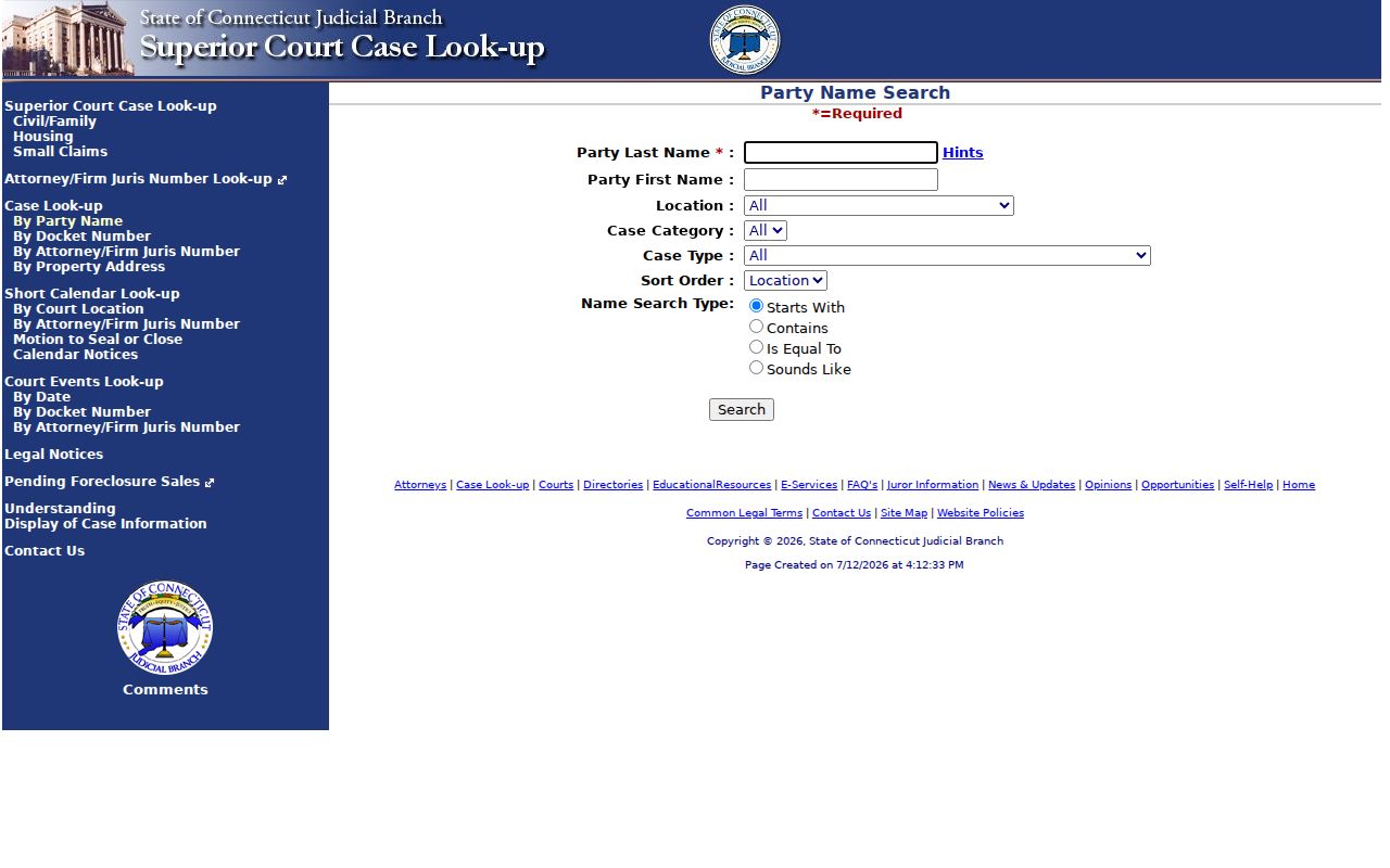 Windham County court records Superior Court party name search fields
