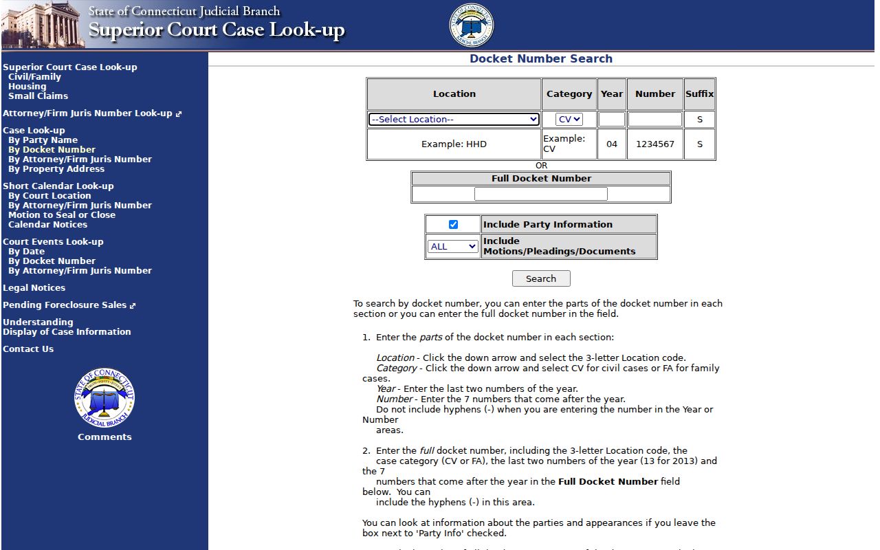 Windham County court records Superior Court docket number search