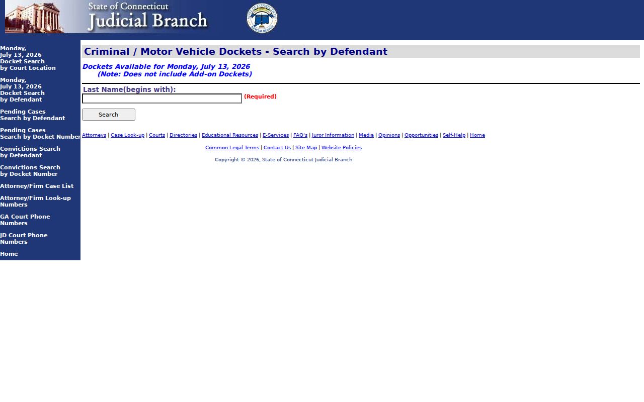 Windham County criminal court records daily docket by defendant search