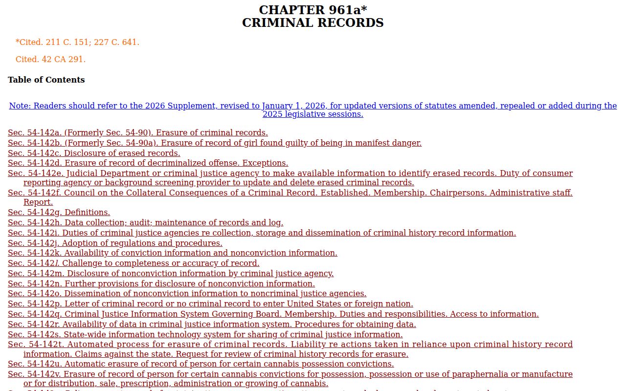 Windham County criminal court records Connecticut criminal record erasure statute