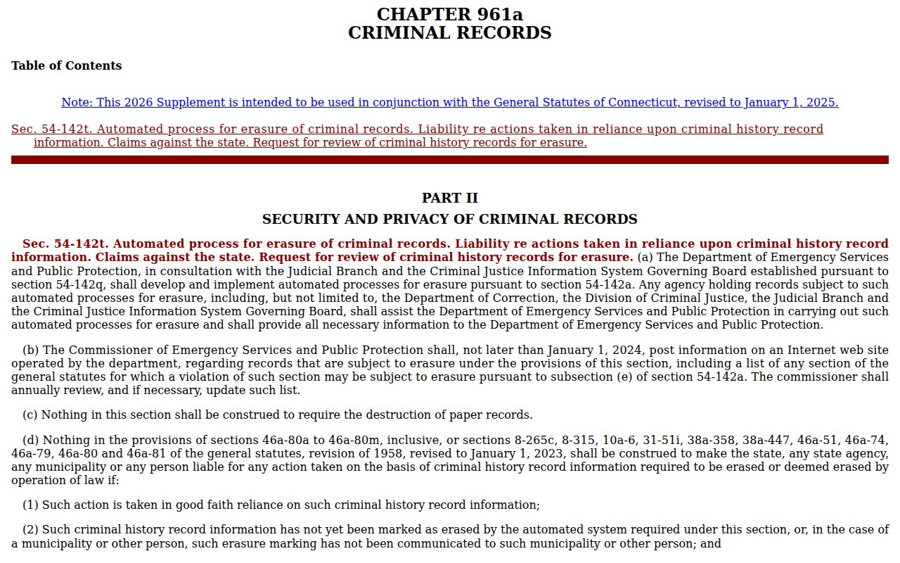 Windham County criminal court records Connecticut automated criminal record erasure supplement