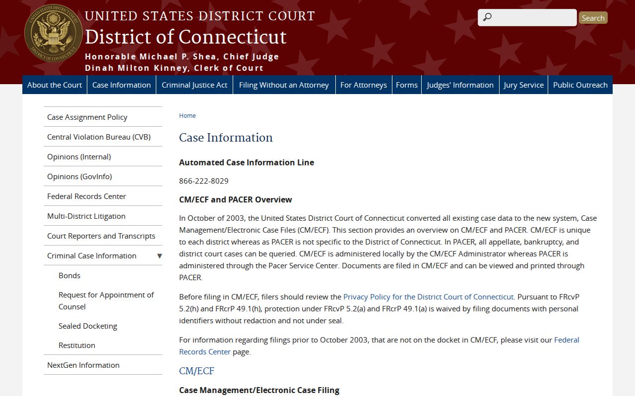 Windham County Superior Court federal case information page