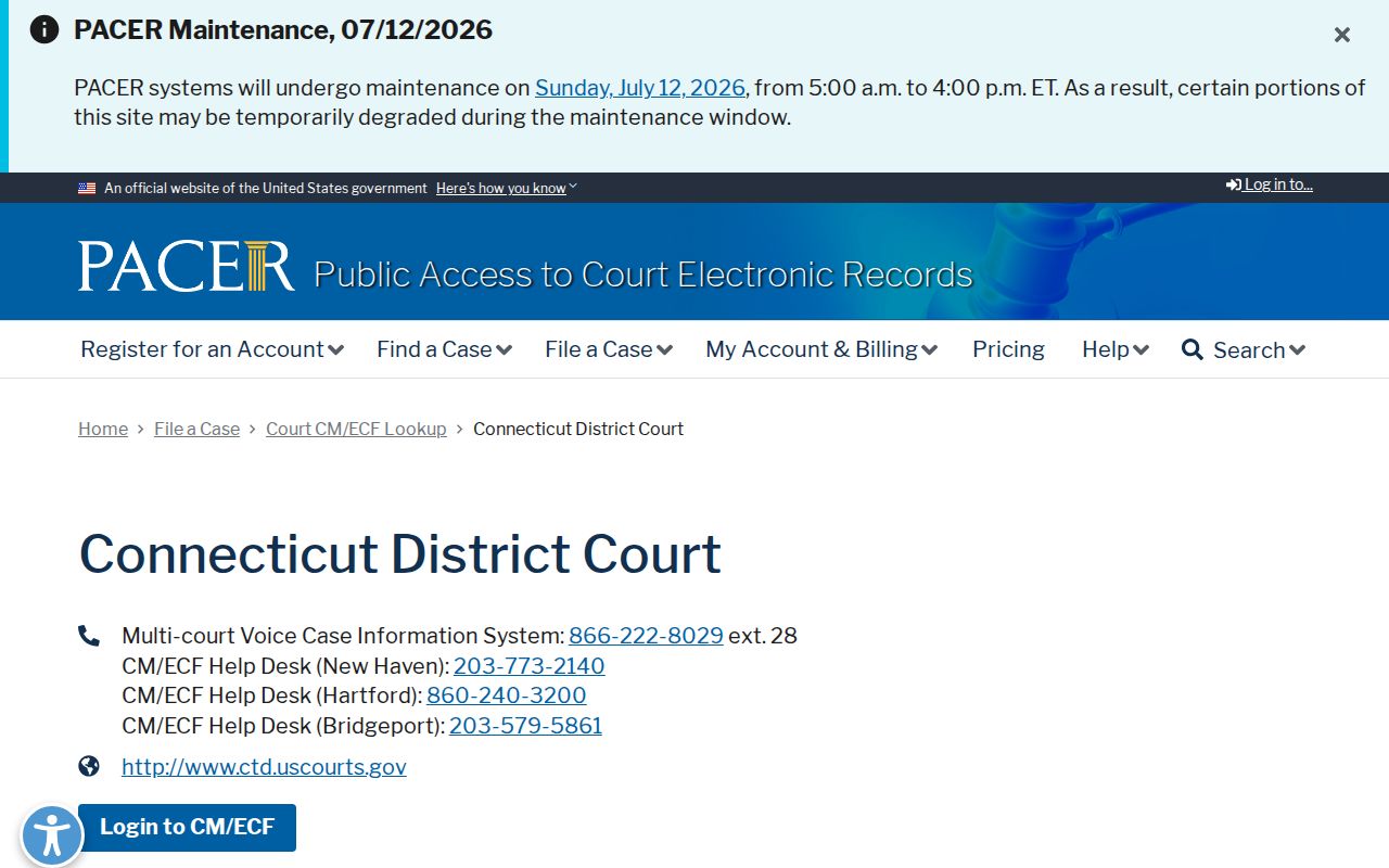 Windham County Superior Court PACER lookup for Connecticut District Court