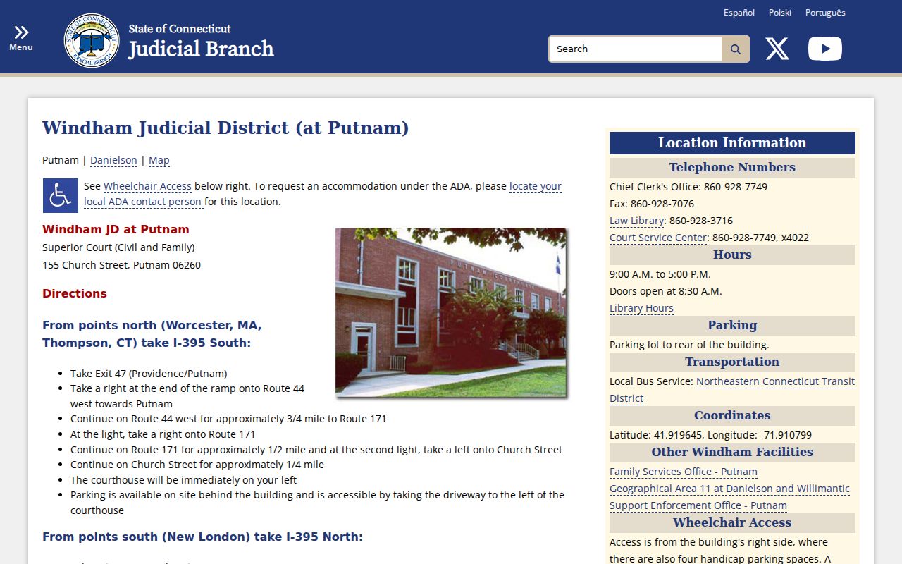 Windham County court records Putnam courthouse directions
