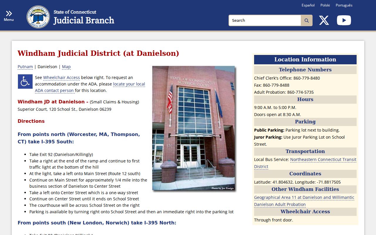 Windham County criminal court records Danielson court location
