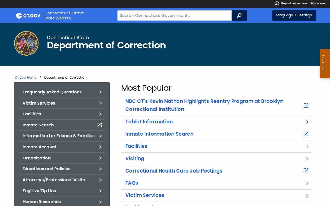 Windham County inmate search Connecticut Department of Correction homepage