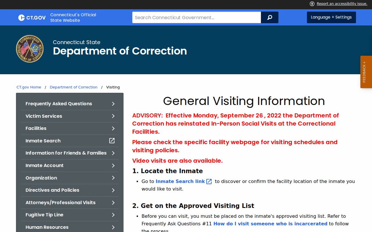 Windham County inmate search DOC visiting information