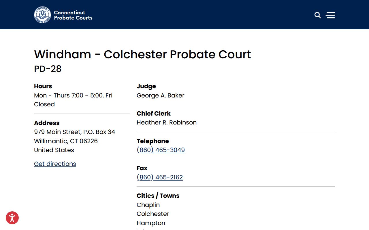 Windham County probate records Windham-Colchester Probate Court contact page