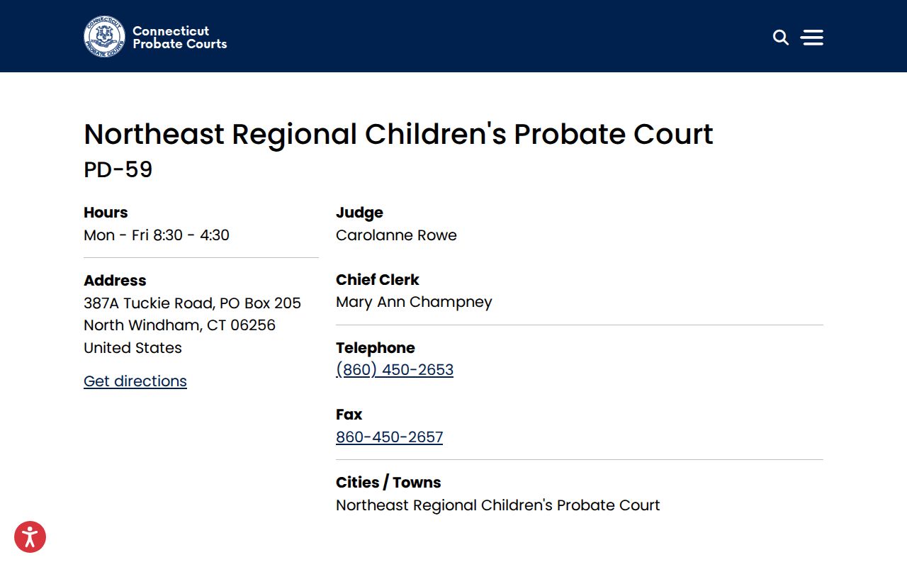Windham County probate records Northeast Regional Children's Probate Court page