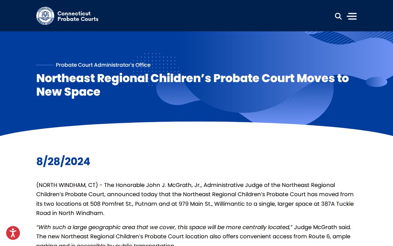 Windham County probate records Northeast Regional Children's Probate Court move notice