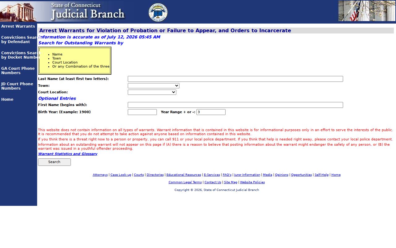Windham County warrant search Judicial Branch outstanding arrest warrant lookup